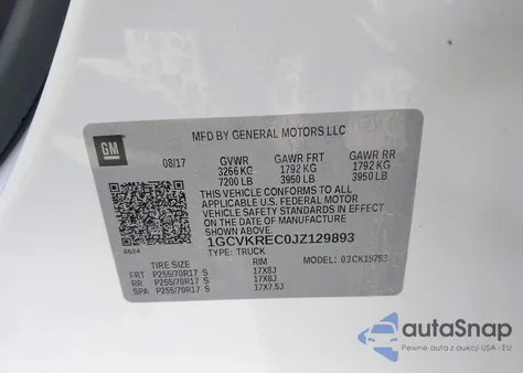 2018 Chevrolet Silverado 1500 1Lt z USA, uszkodzony, nr VIN 1GCVKREC0JZ129893